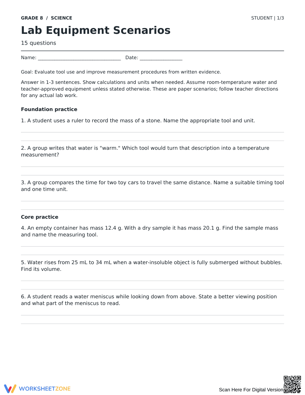 Lab Equipment Worksheet | Grade 8 Science Printable - Page 1