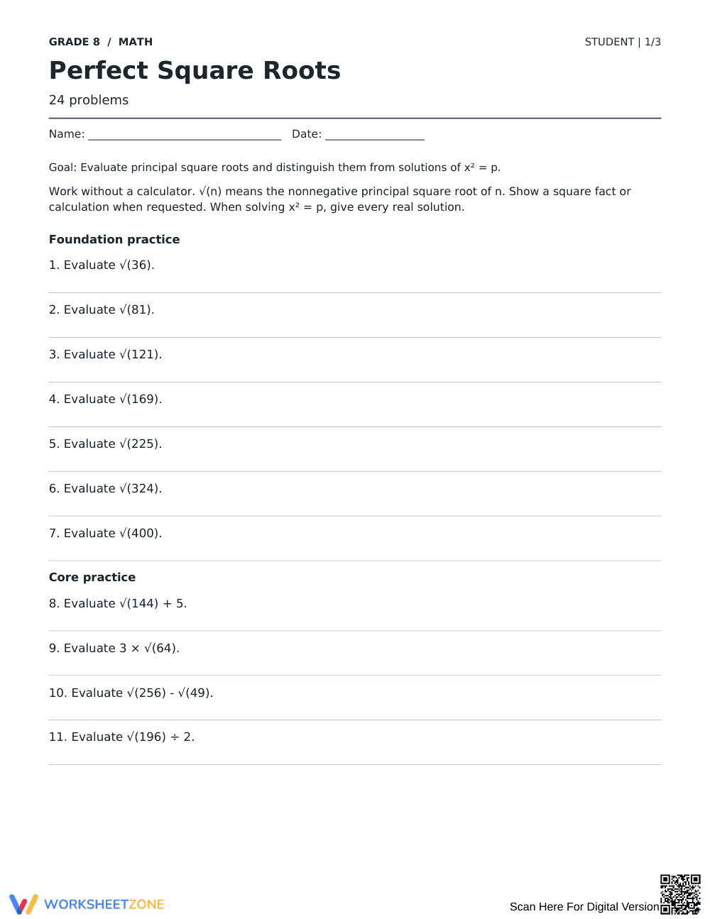 Perfect Square Roots Worksheet | Grade 8 Complete - Page 1