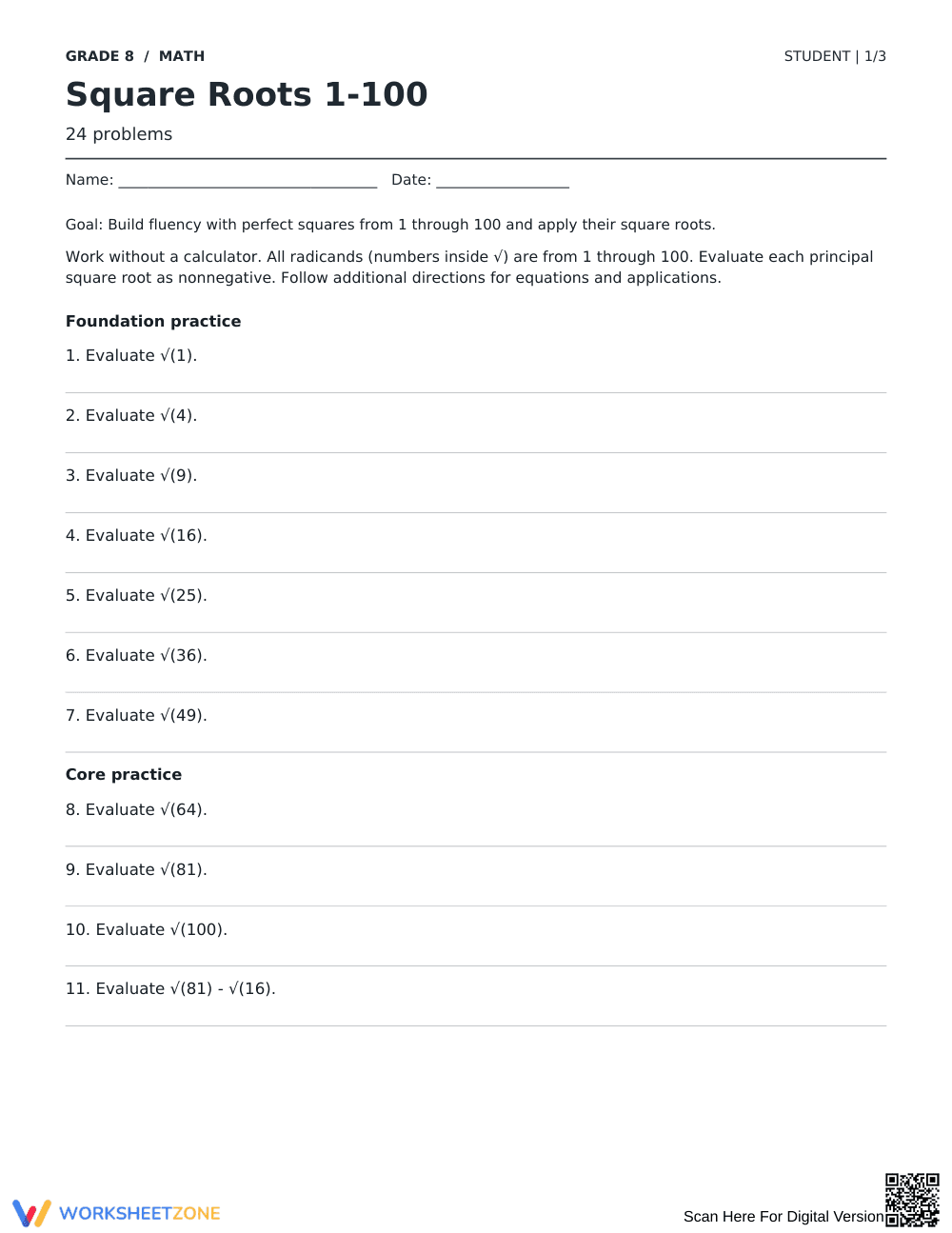 Square Roots 1-100 Worksheet | Grade 8 Math Printable - Page 1
