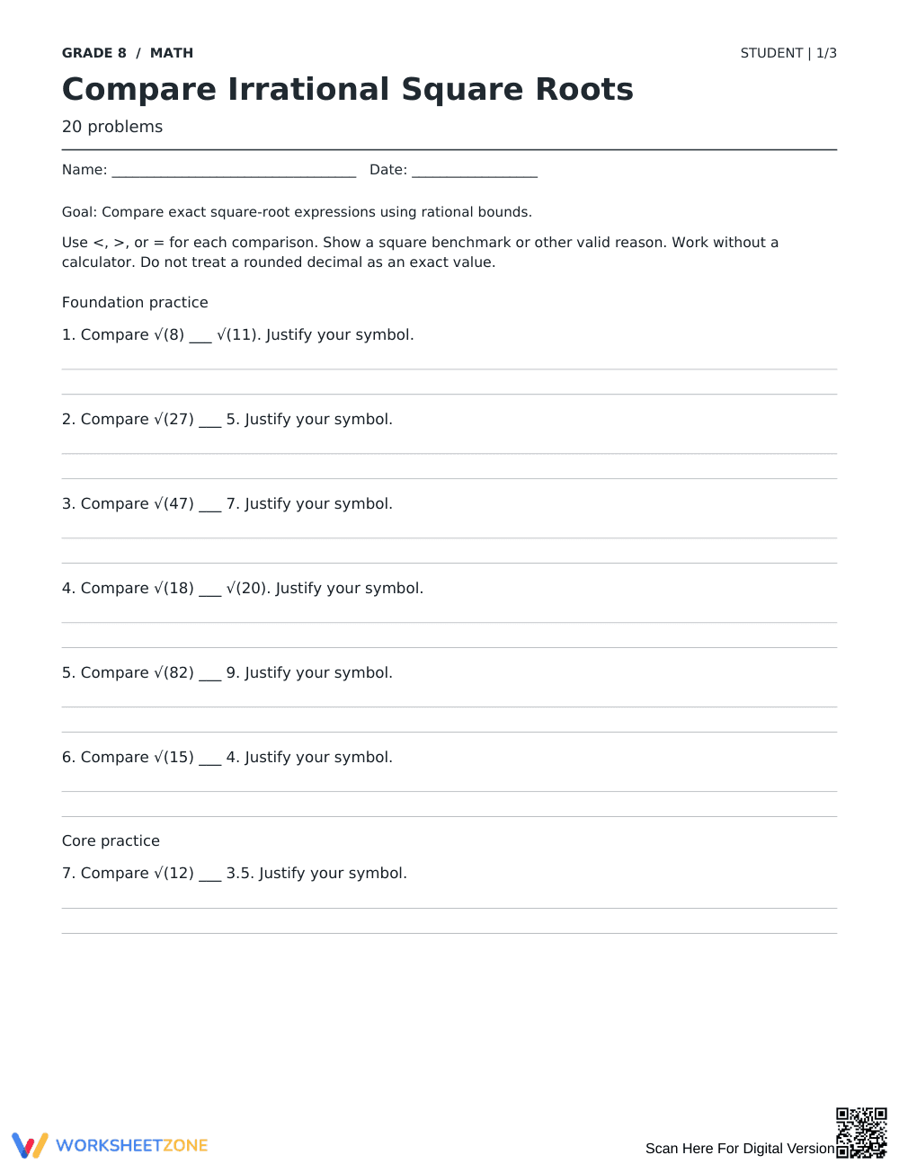 Compare Irrational Square Roots | Grade 8 Printable - Page 1