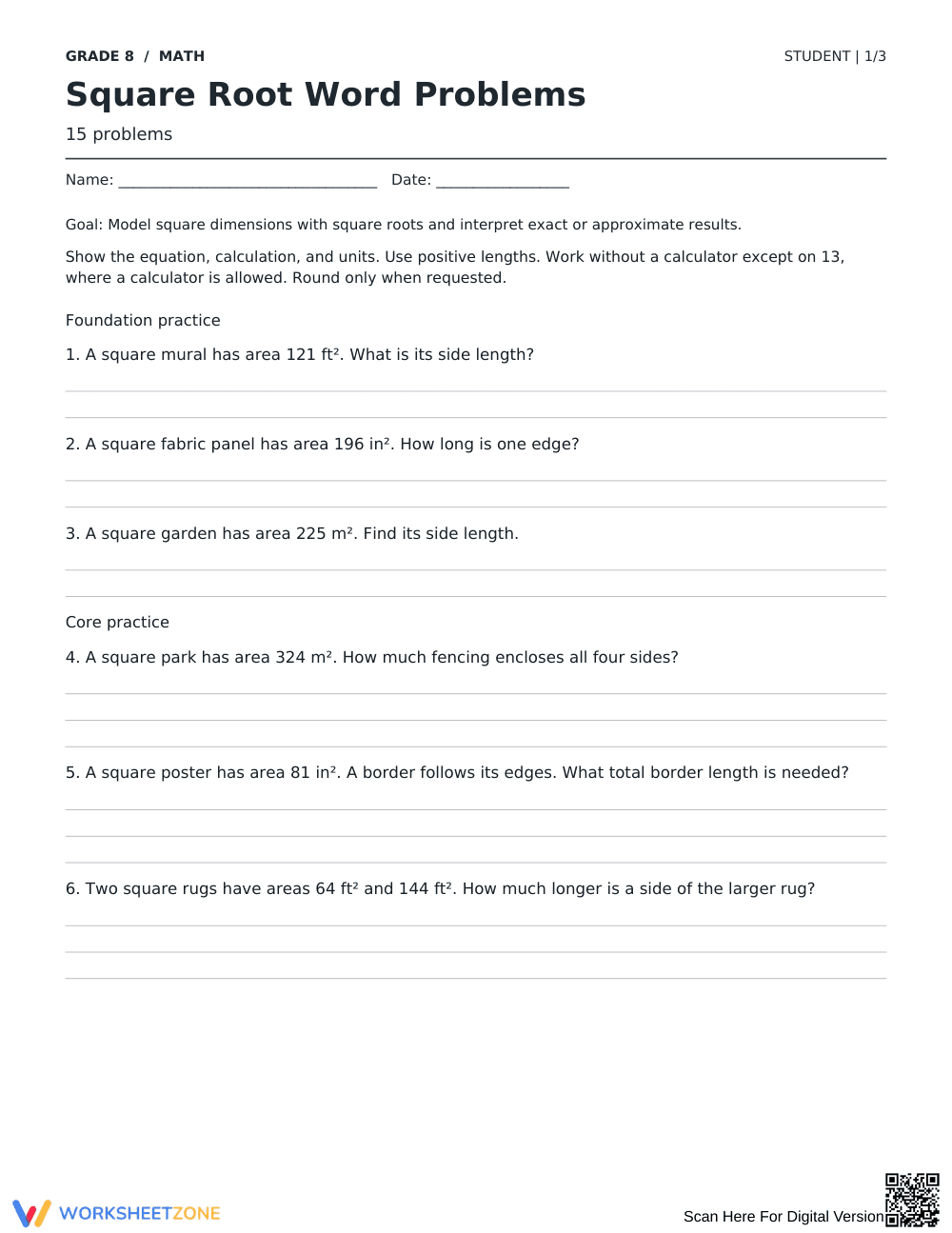 Square Root Word Problems | Grade 8 Math Printable - Page 1