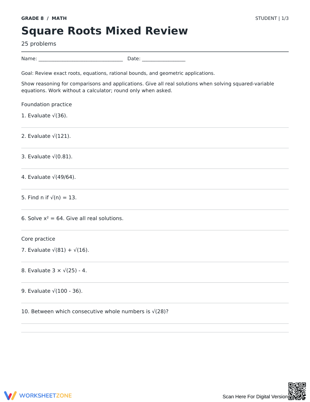 Square Roots Review Worksheet | Grade 8 Math Aligned - Page 1