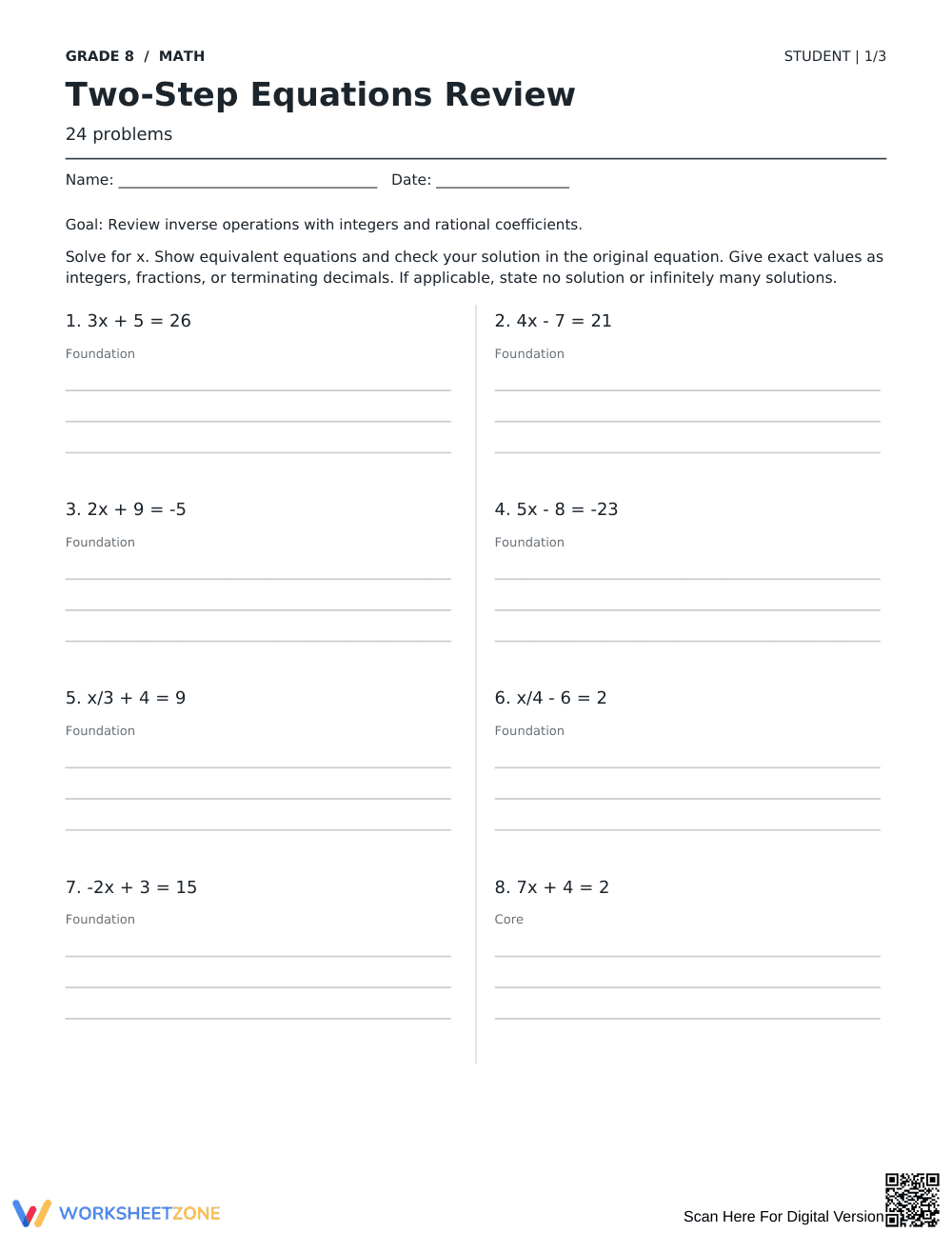 Two-Step Equations Worksheet | Grade 8 Math Essential - Page 1