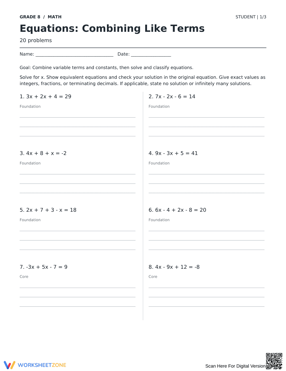 Combining Like Terms Equations Printable | Grade 8 - Page 1