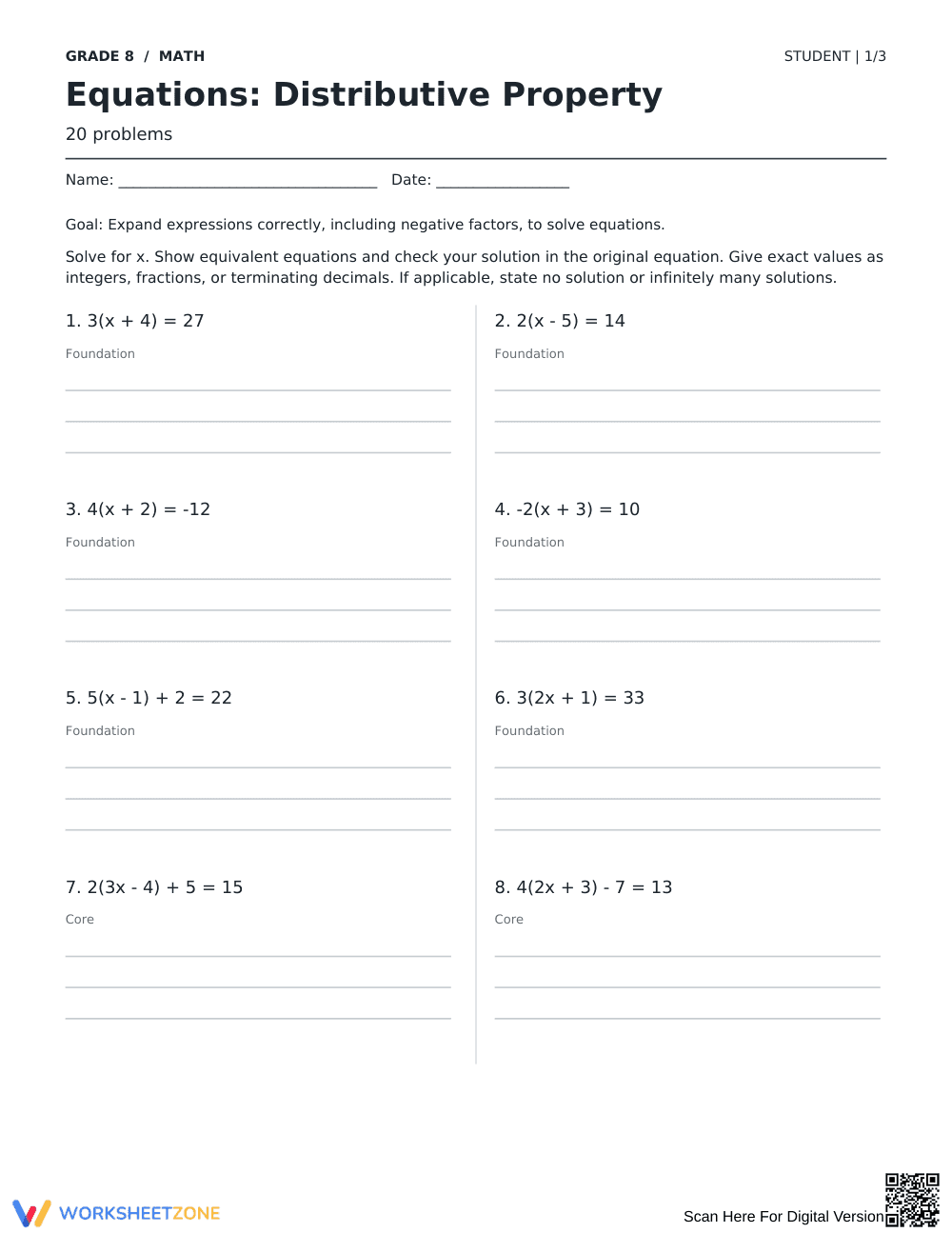Distributive Property Equations Worksheet | Printable PDF - Page 1