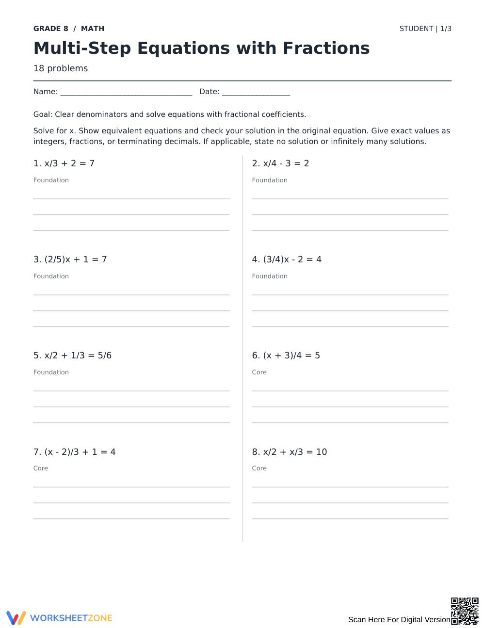 Multi-Step Equations with Fractions | Grade 8 Essential - Page 1