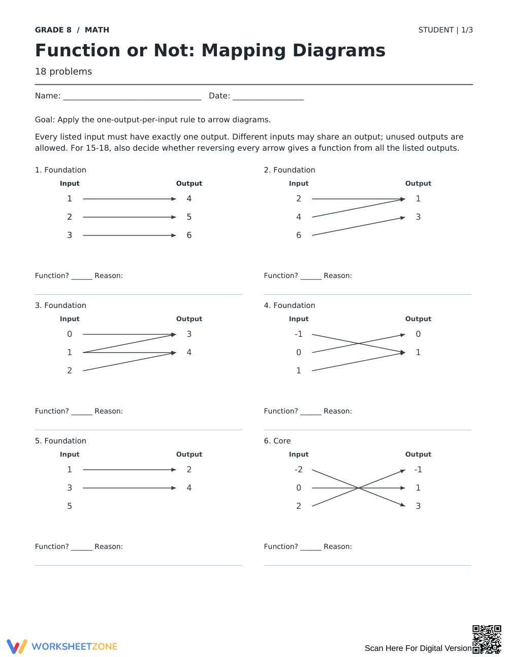 Function Mapping Diagrams Printable | Grade 8 Math - Page 1