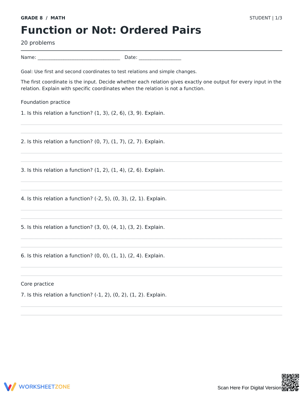 Identifying Functions Worksheet | Grade 8 Printable - Page 1