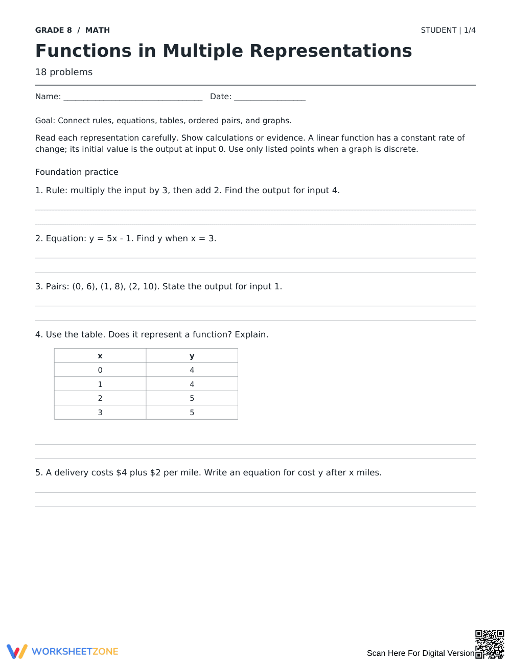 Function Representations Worksheet | Grade 8 Math Ready - Page 1