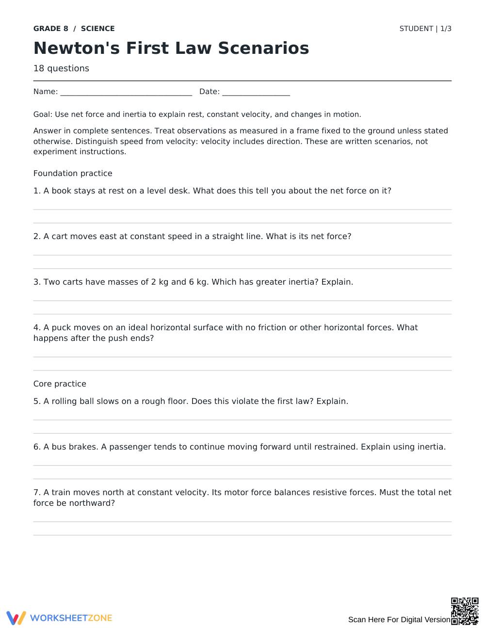 Newton's First Law Worksheet | Grade 8 Essential - Page 1
