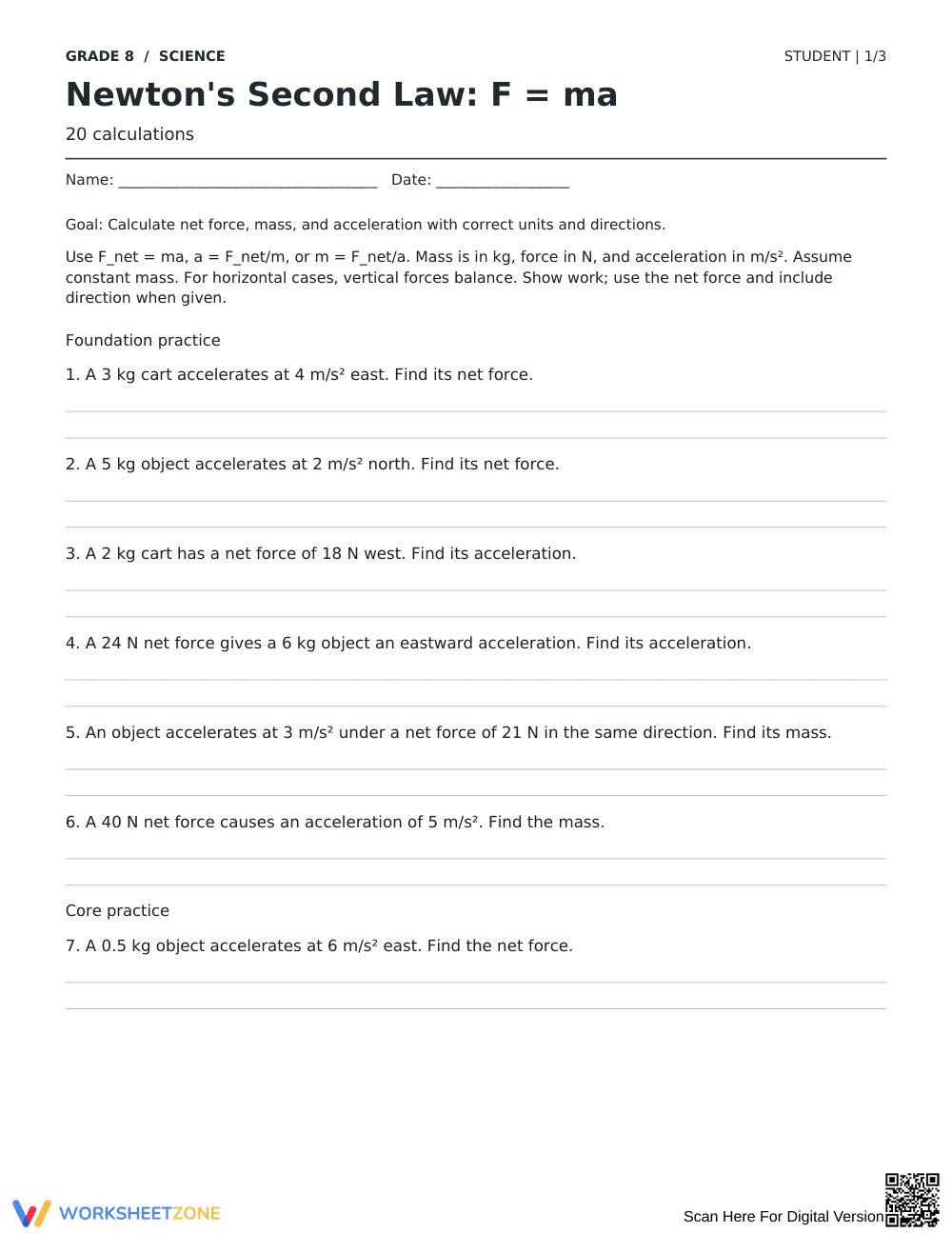 Newton's Second Law Worksheet | Printable Grade 8 Science - Page 1