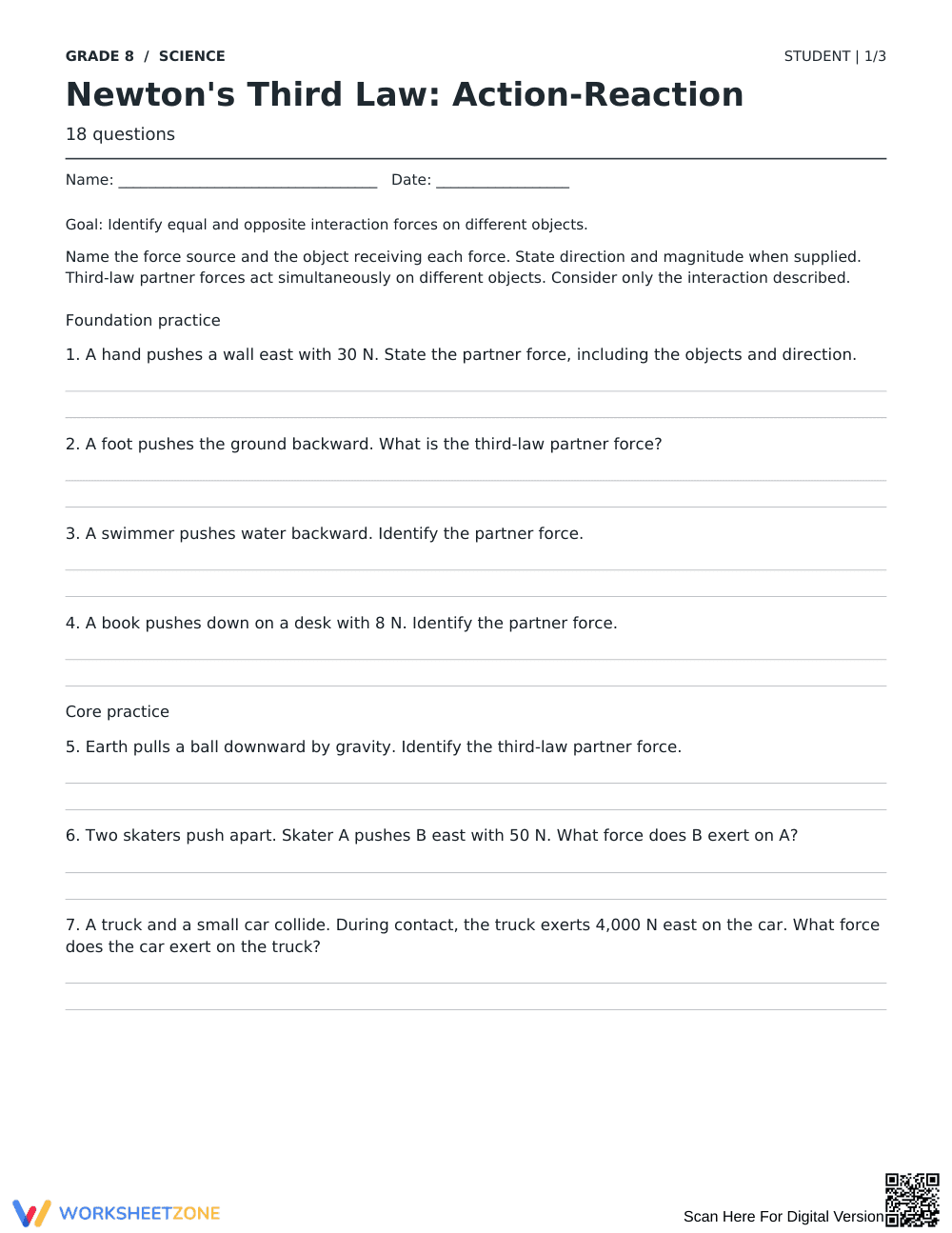 Newton's Third Law Printable | Grade 8 Science - Page 1