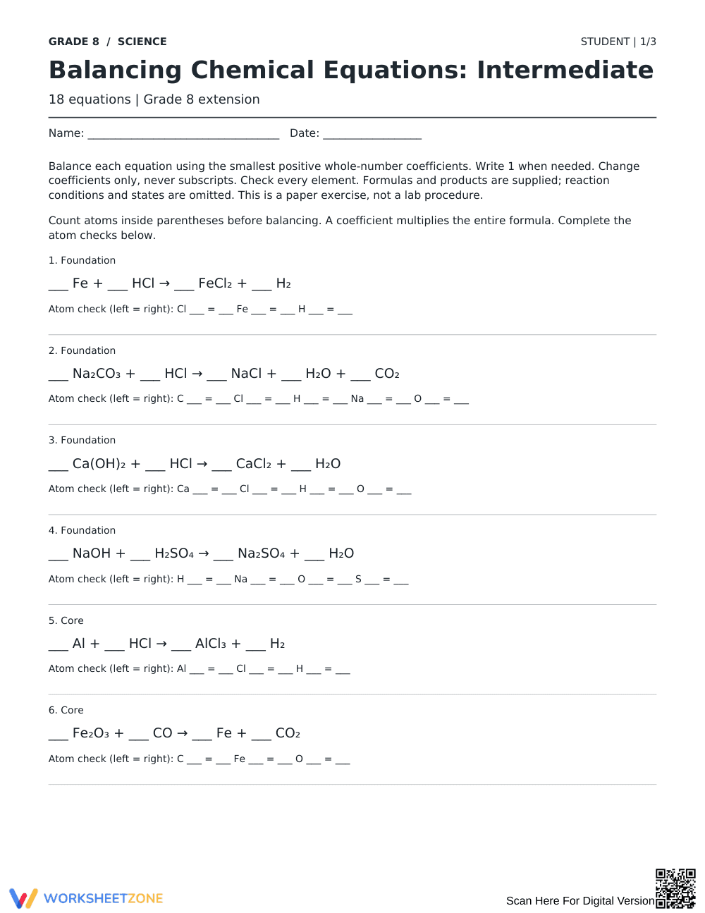 Balancing Chemical Equations Worksheet | Grade 8 Essential - Page 1
