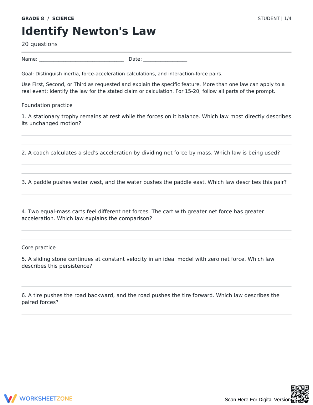 Newton's Laws Worksheet | Grade 8 Science Ready - Page 1