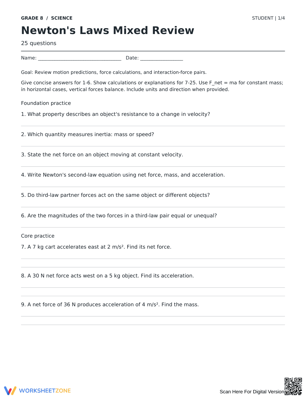 Newton's Laws Worksheet | Essential Grade 8 Science - Page 1