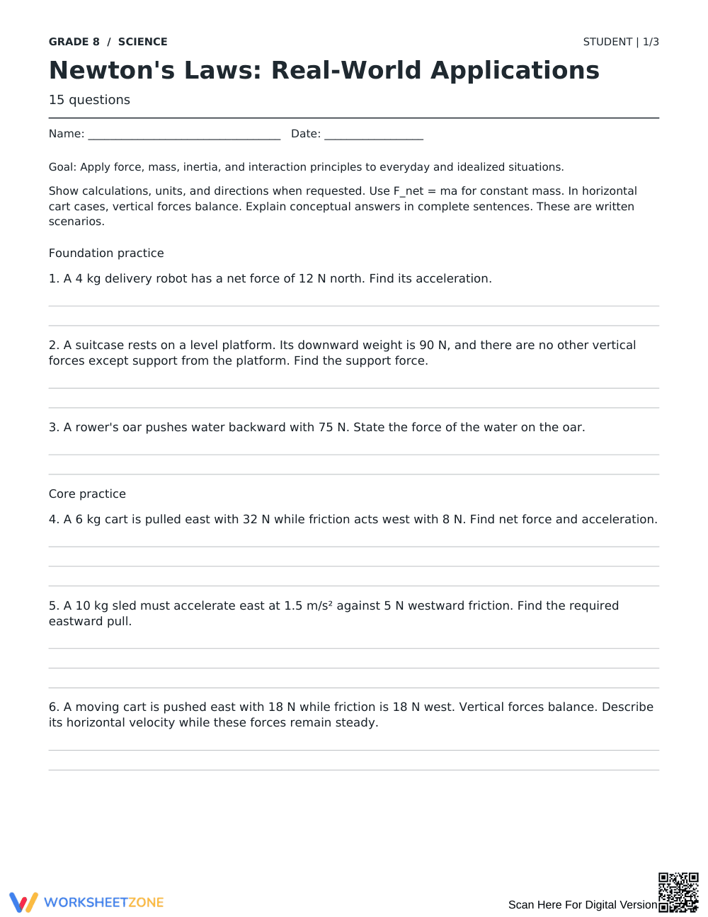 Newton's Laws Worksheet | Grade 8 Science Printable - Page 1