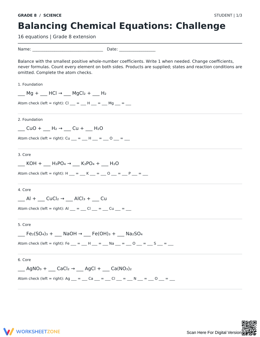 Balancing Chemical Equations Worksheet | Grade 8 Essential - Page 1