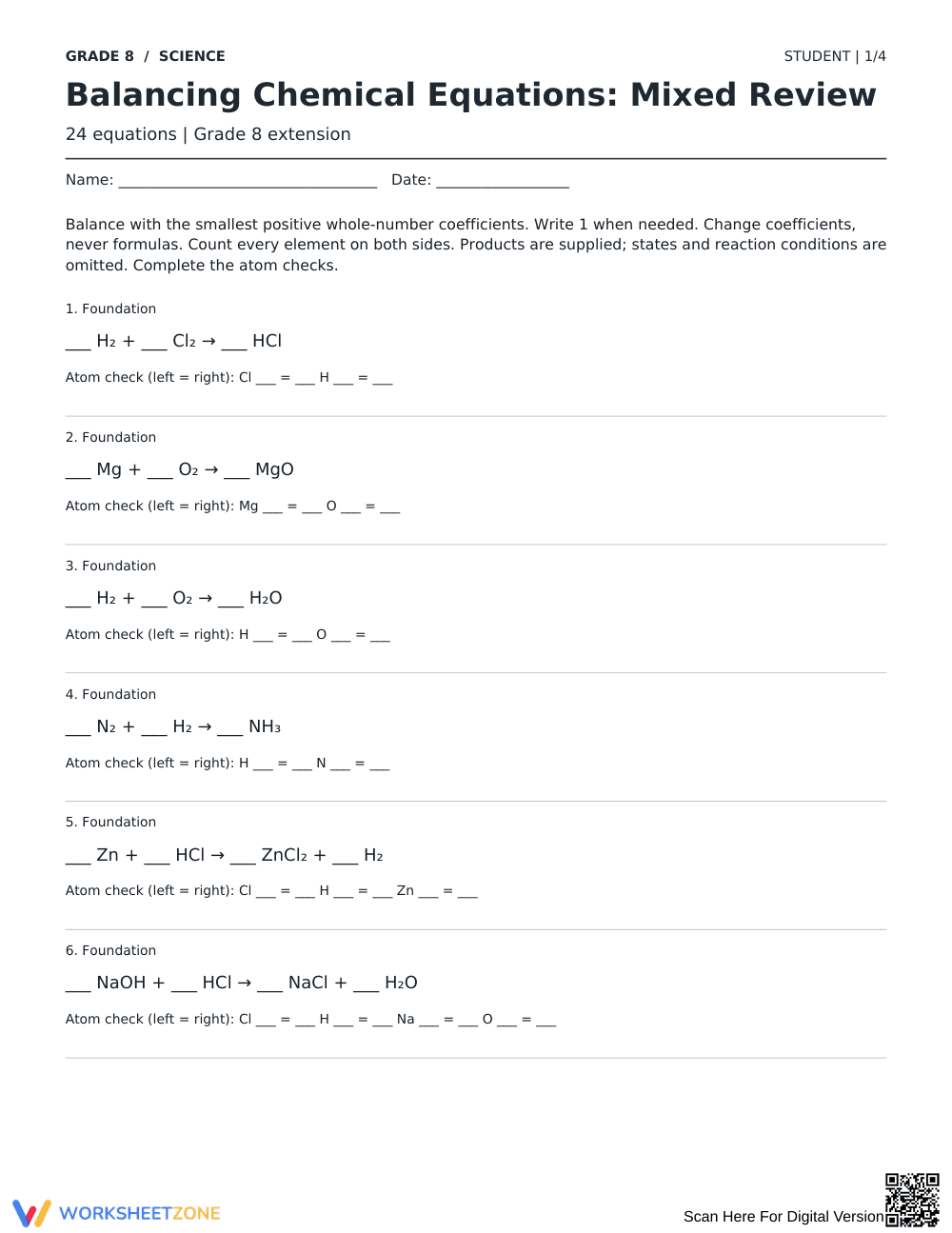 Balancing Chemical Equations Worksheet | Grade 8 Ready - Page 1