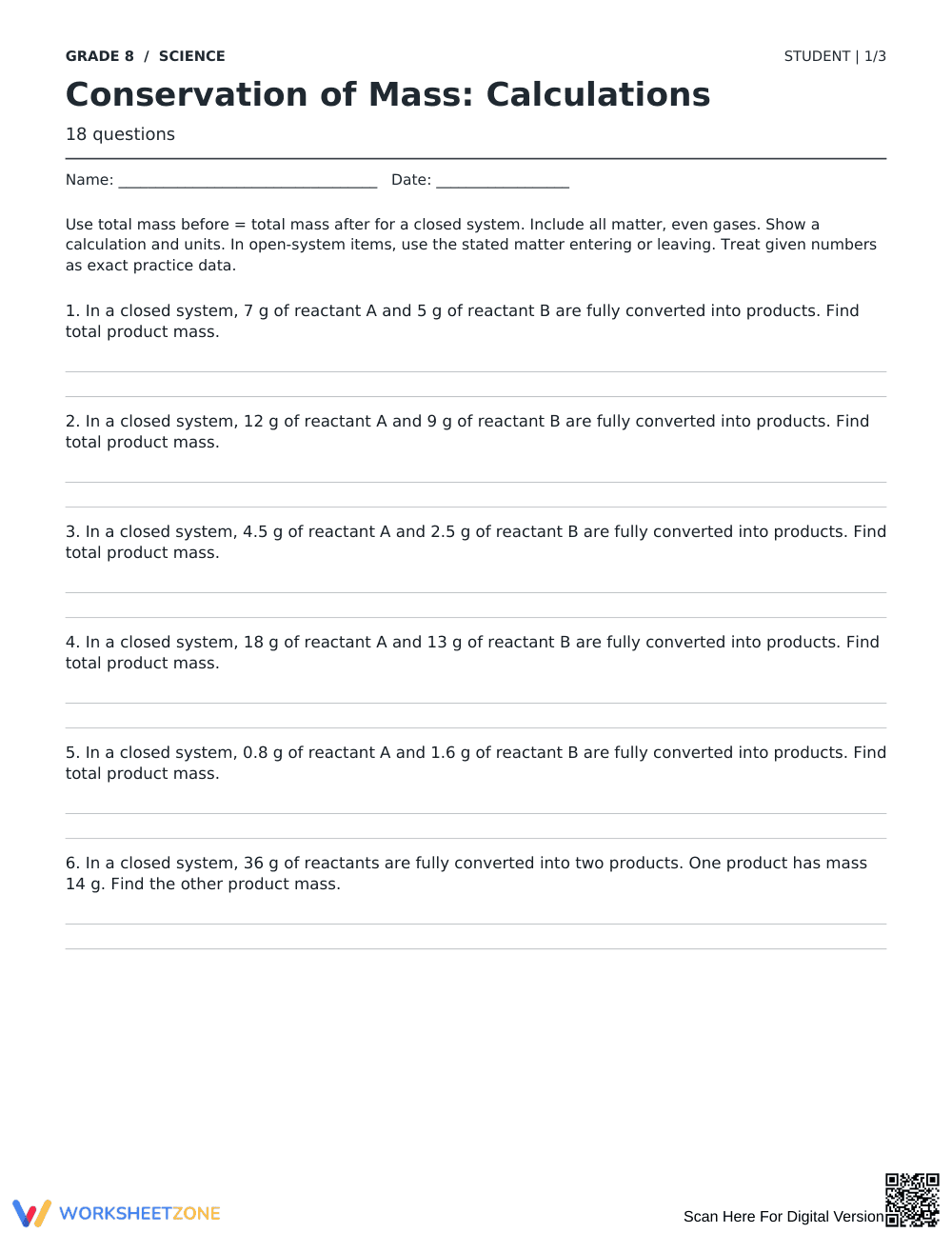 Conservation of Mass Worksheet | Grade 8 Ready - Page 1