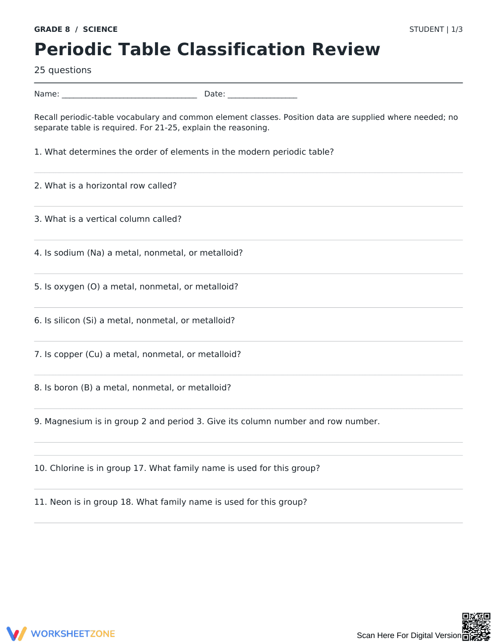 Periodic Table Worksheet | Essential Grade 8 Science - Page 1
