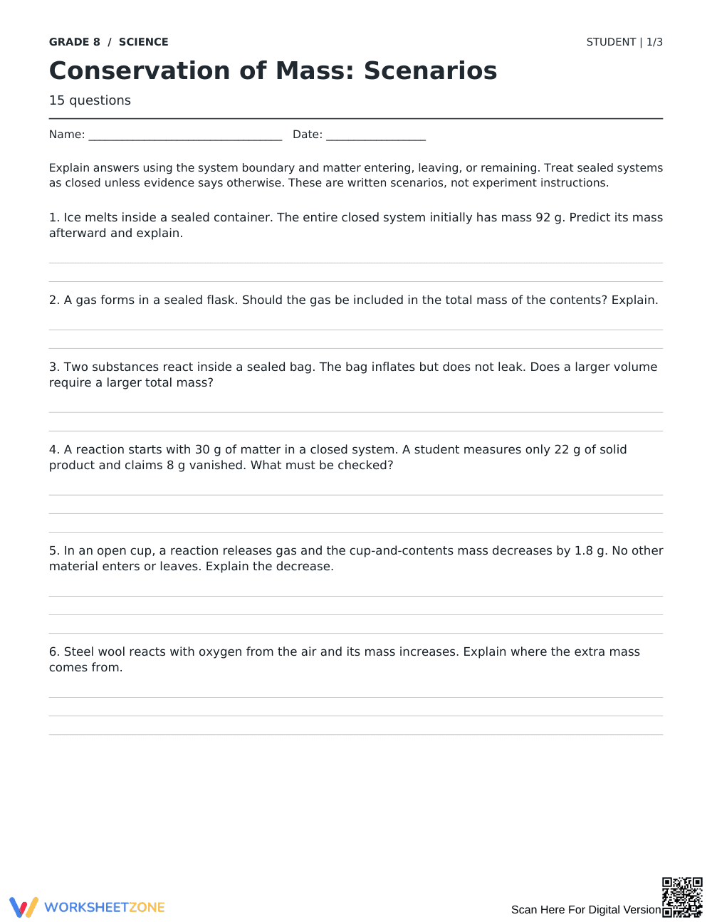 Conservation of Mass Worksheet | Grade 8 Science Printable - Page 1