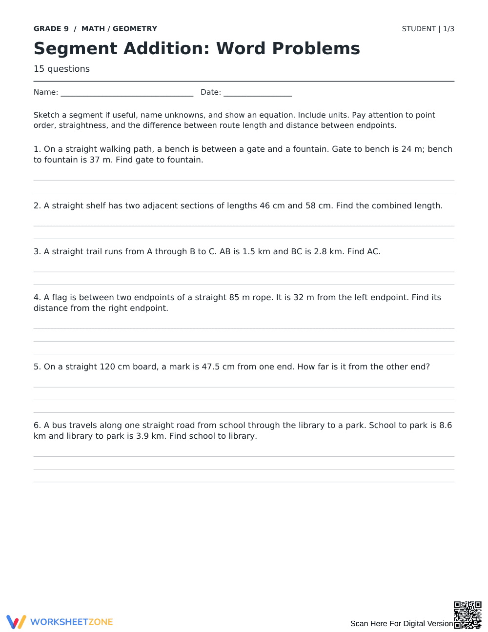 Segment Addition Word Problems | Grade 9 Printable - Page 1