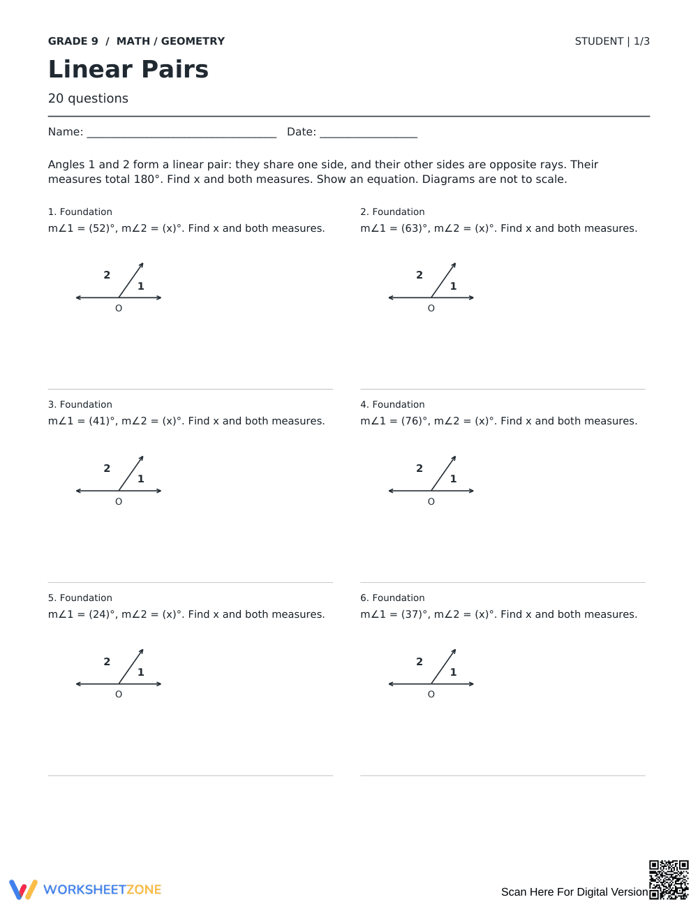 Linear Pairs Worksheet | Printable Grade 9 Geometry - Page 1