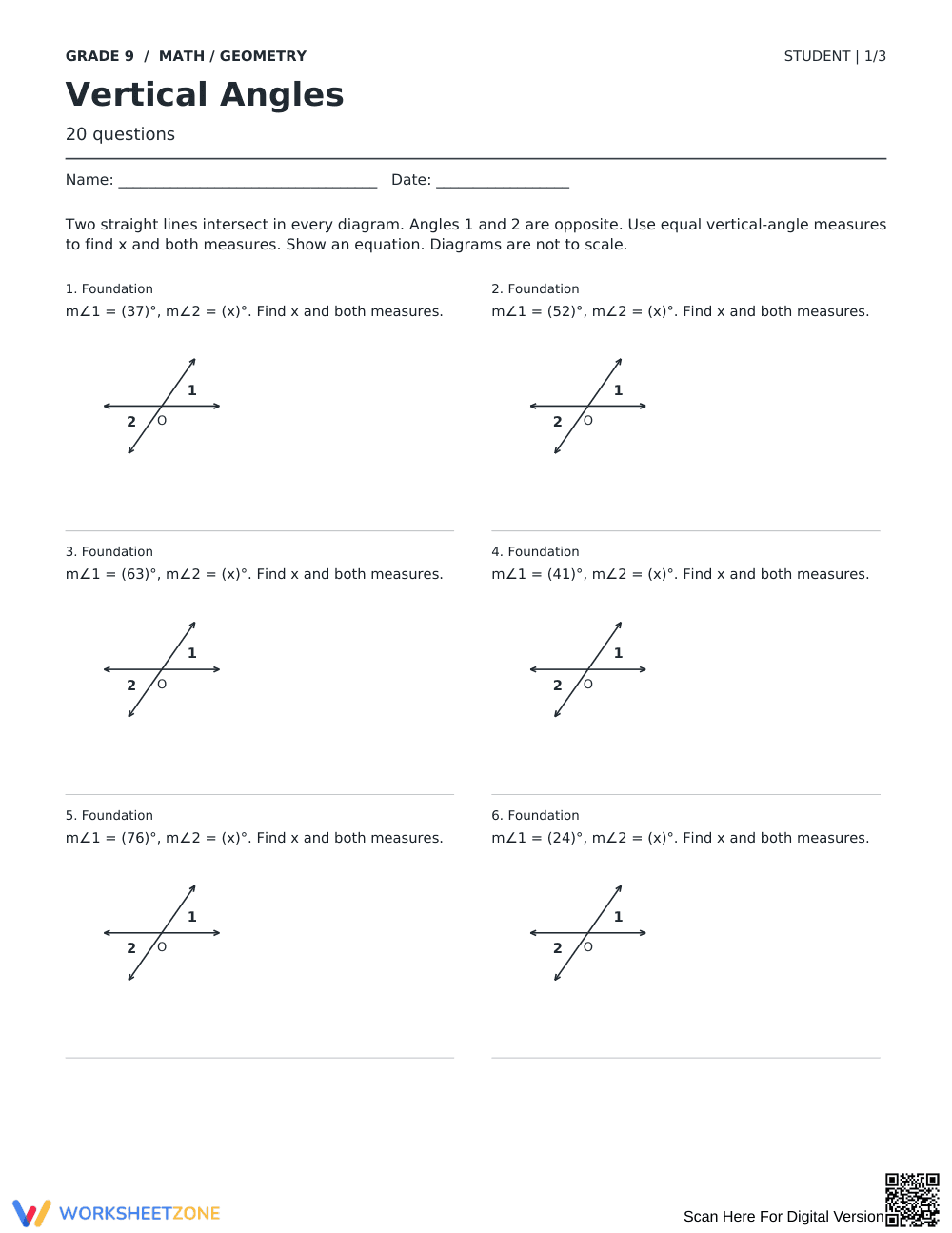 Vertical Angles Worksheet | Grade 9 Essential Math - Page 1
