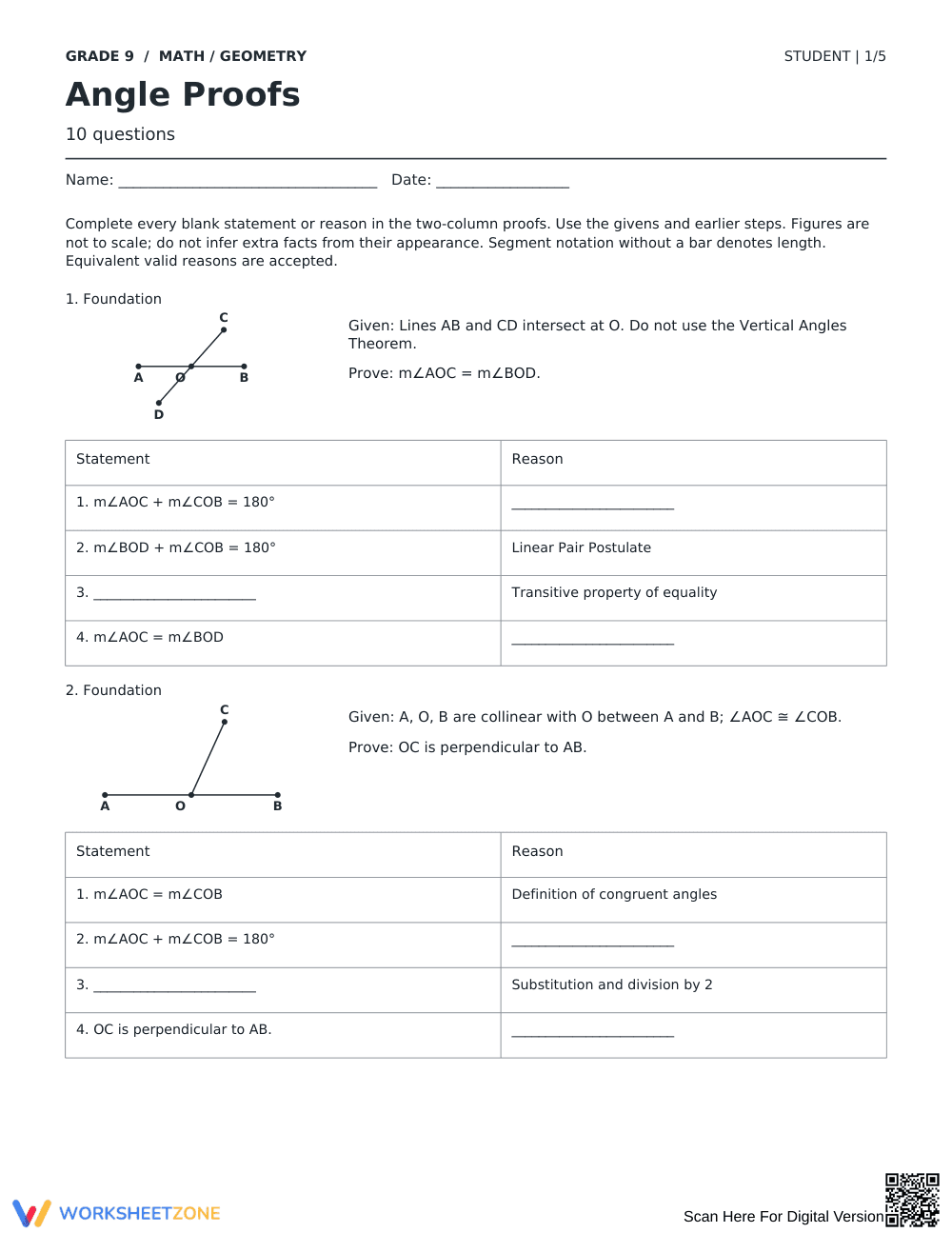 Angle Proofs Worksheet | Essential Grade 9 Math - Page 1