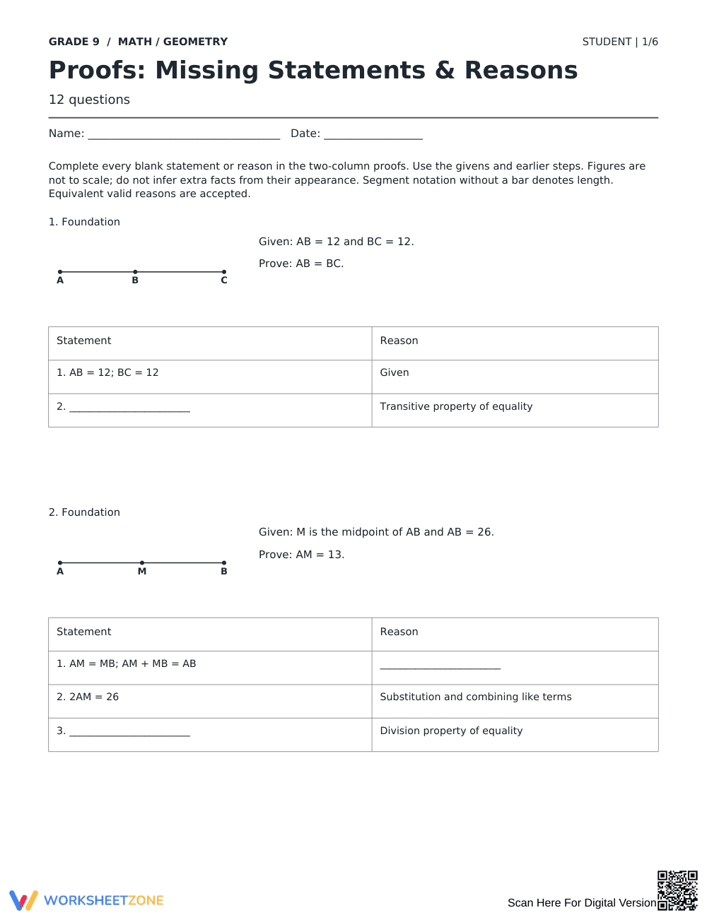 Geometry Proofs Worksheet | Printable Grade 9 Math - Page 1