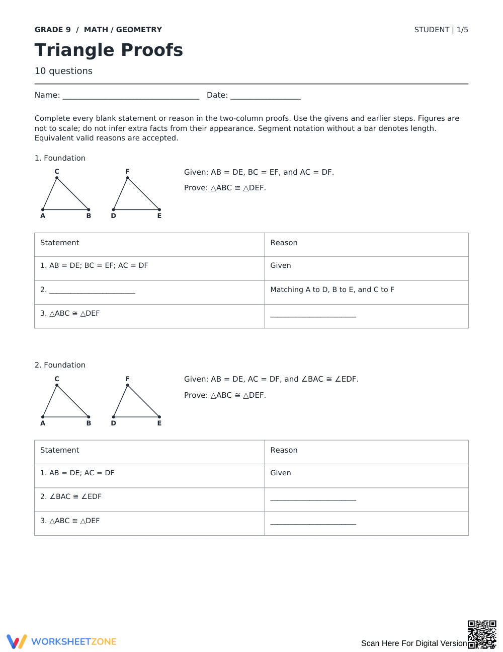 Triangle Proofs Worksheet | Grade 9 Math Ready - Page 1