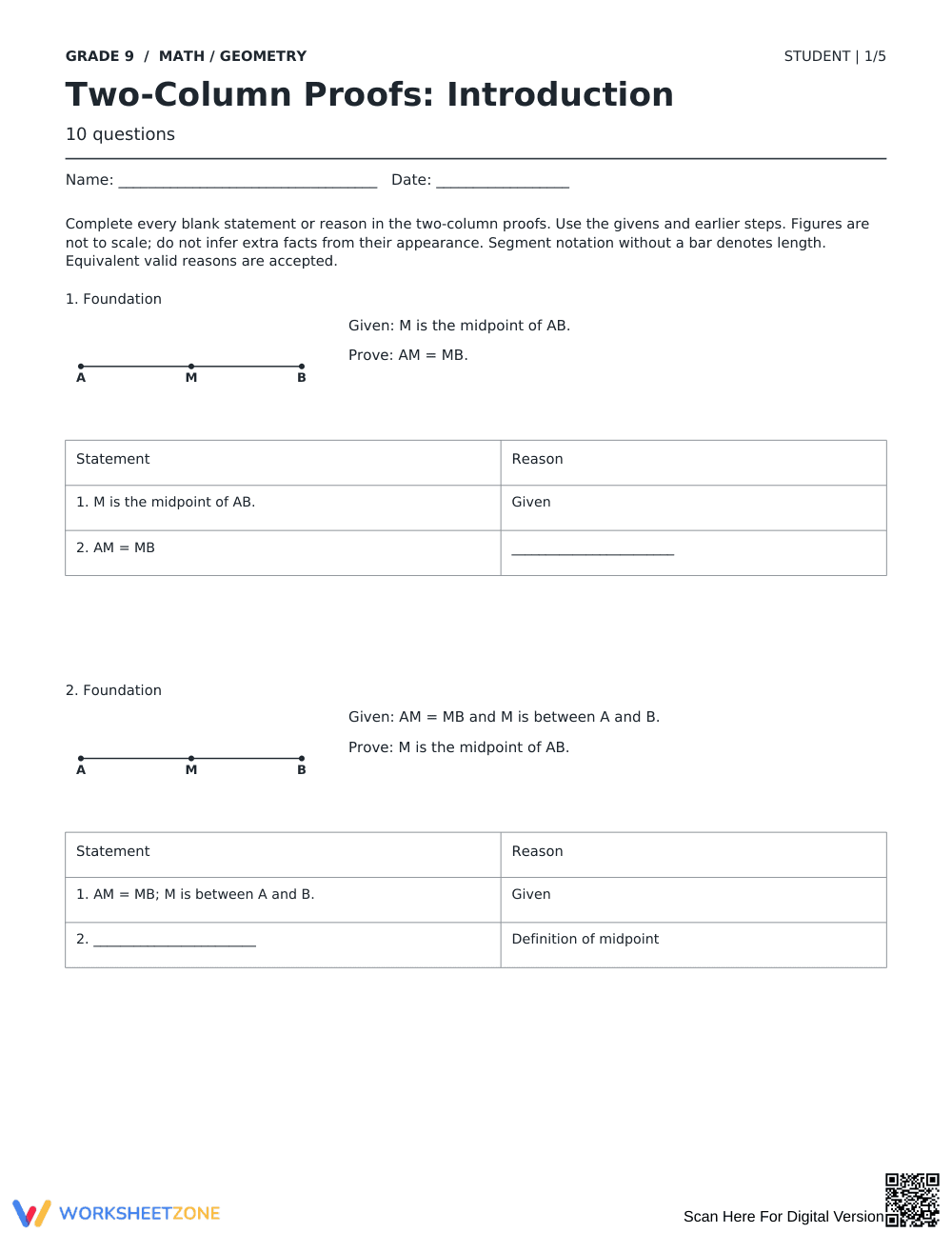Two-Column Proofs Worksheet | Essential Grade 9 Math - Page 1