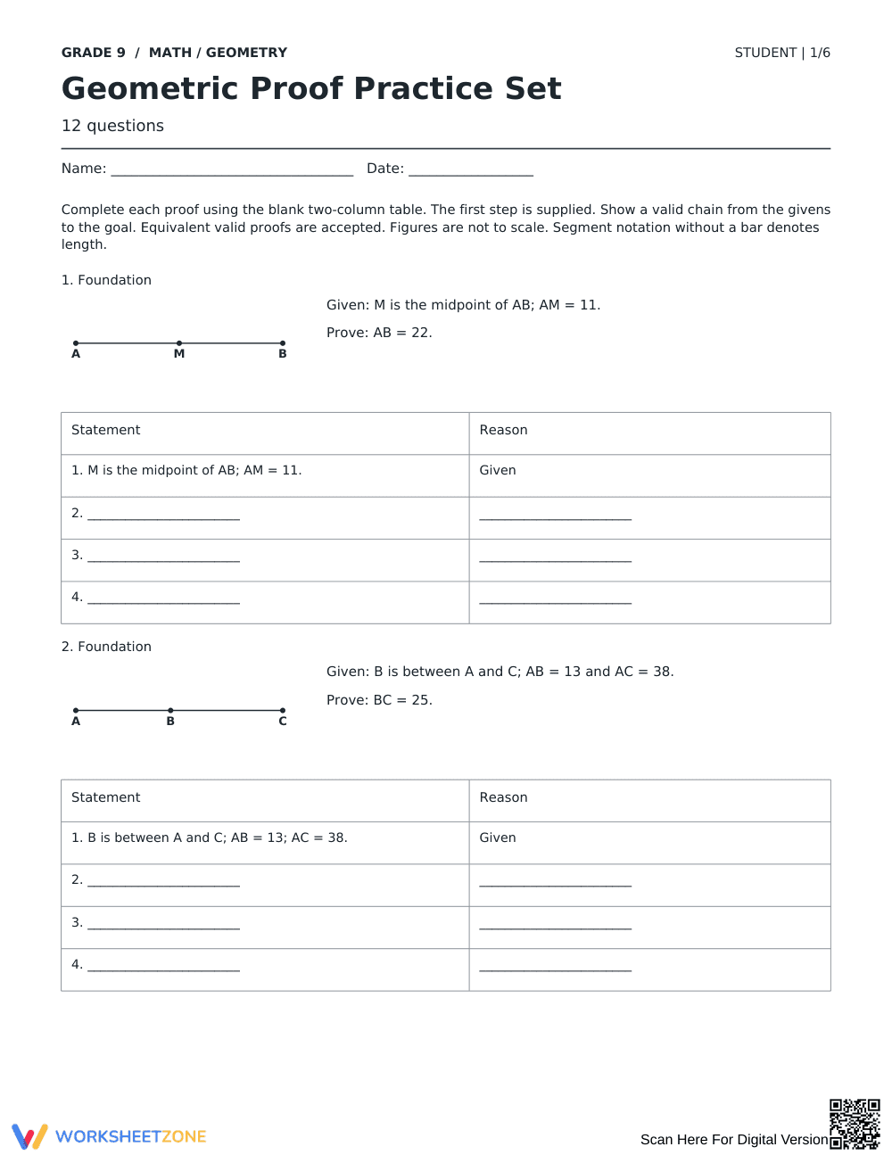 Geometric Proofs Worksheet | Complete Grade 9 Math - Page 1