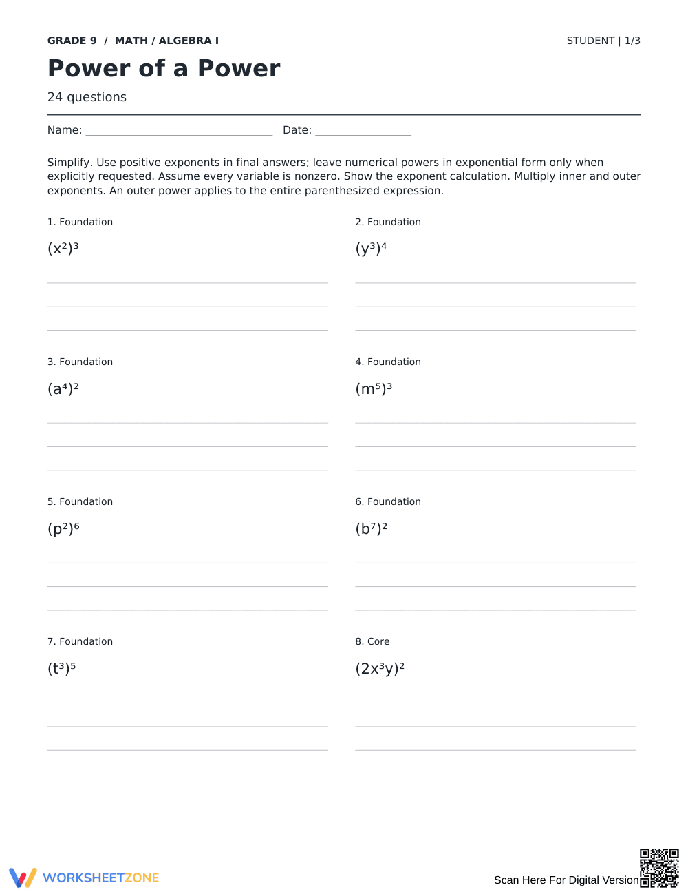 Power of a Power Printable Worksheet | Grade 9 Algebra - Page 1