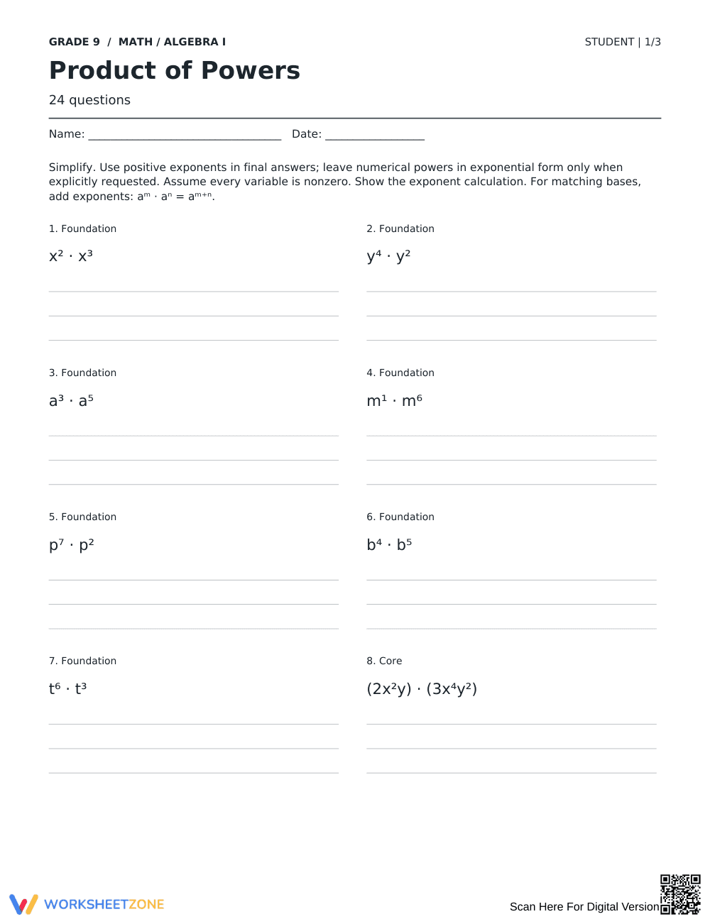 Product of Powers Worksheet | Grade 9 Algebra Printable - Page 1