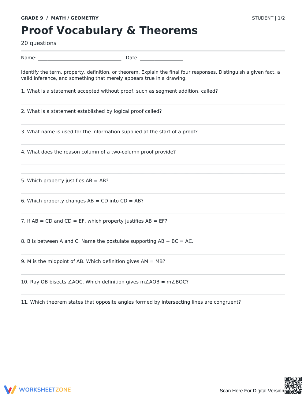 Proof Vocabulary & Theorems Worksheet | Essential Grade 9 - Page 1