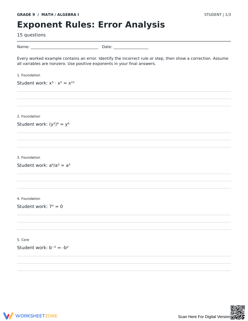 Exponent Rules Worksheet | Essential Grade 9 Math - Page 1