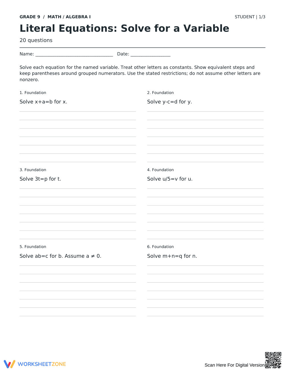 Literal Equations Printable Worksheet | Grade 9 Algebra - Page 1
