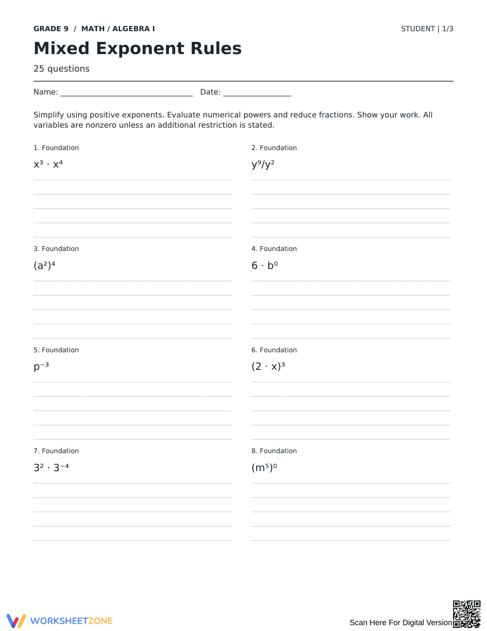 Mixed Exponent Rules Worksheet | Grade 9 Ready - Page 1
