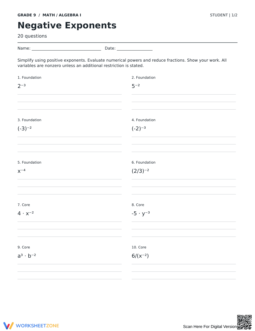 Negative Exponents Worksheet | Grade 9 Essential - Page 1