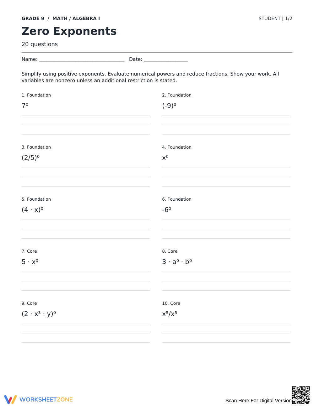Zero Exponents Worksheet | Grade 9 Math Ready - Page 1