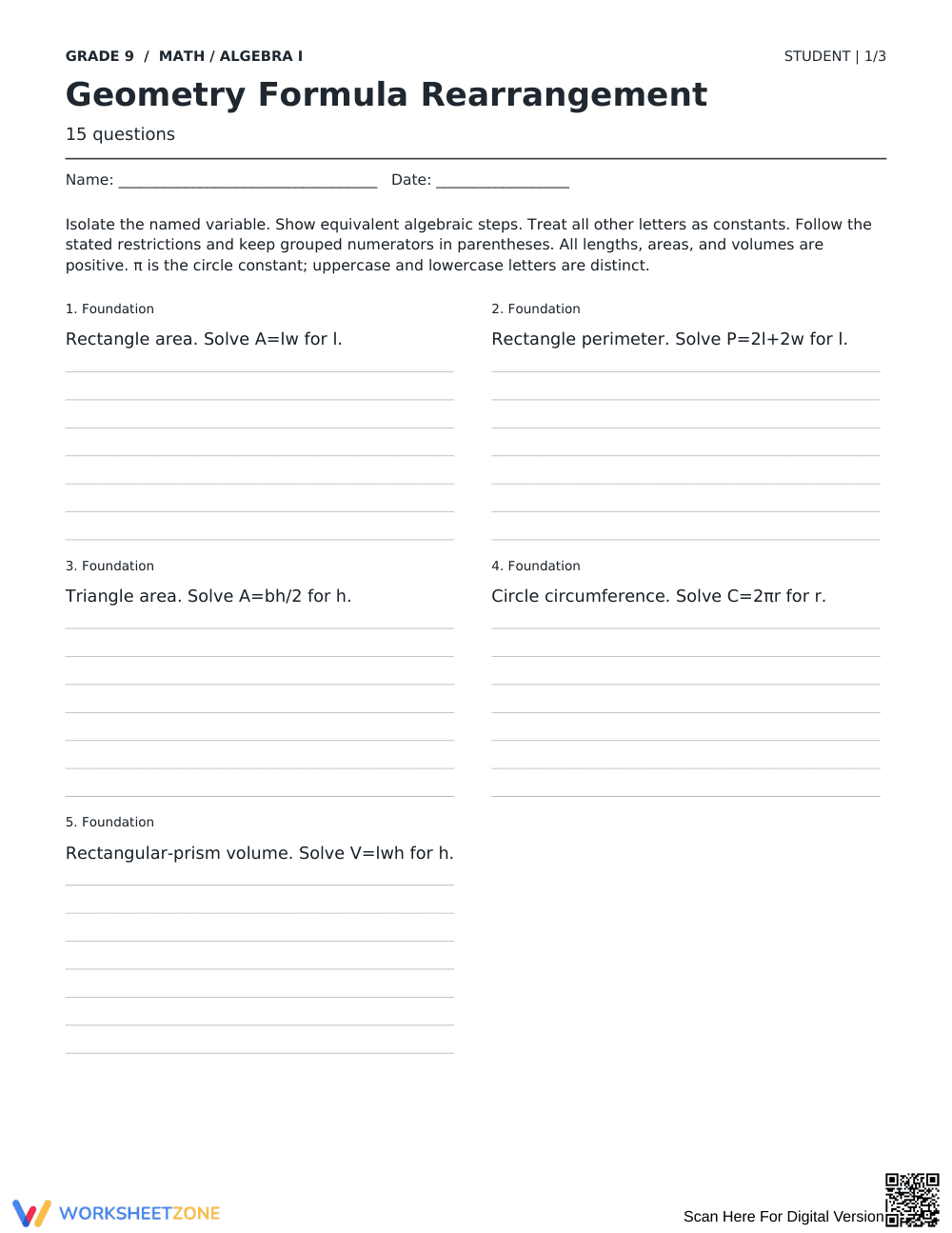 Geometry Formula Rearrangement | Grade 9 Essential - Page 1