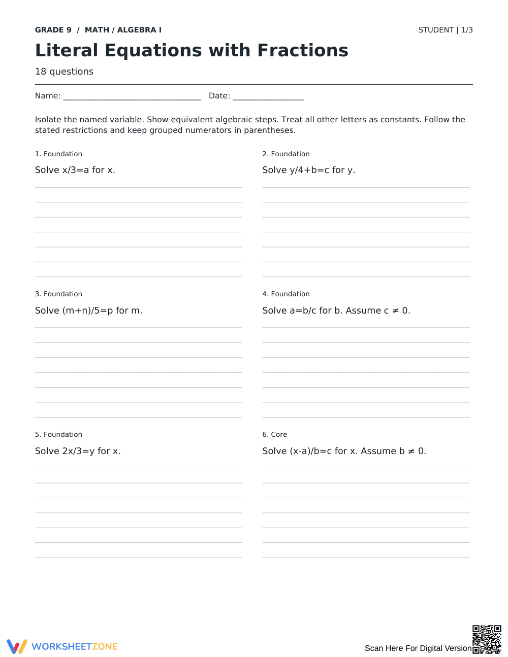Literal Equations with Fractions Printable Worksheet - Page 1