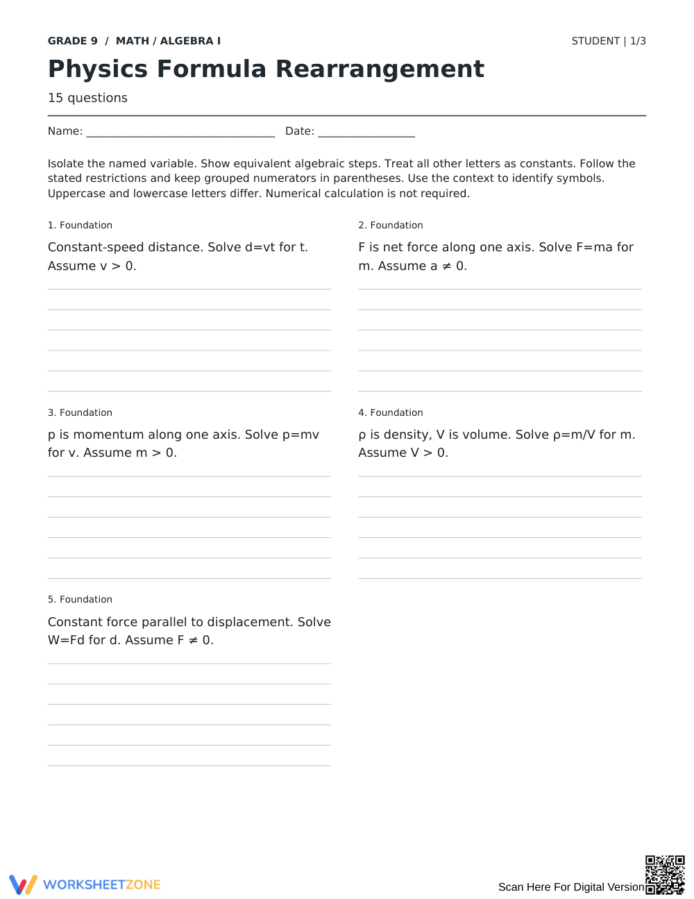 Physics Formula Rearrangement Worksheet | Grade 9 Essential - Page 1