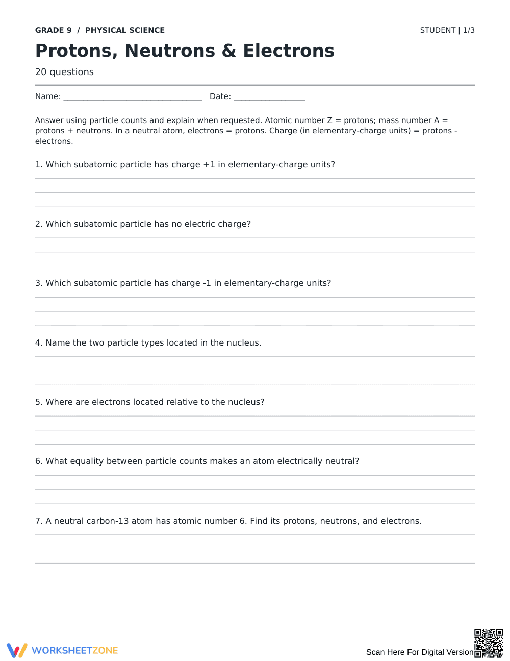 Protons Neutrons Electrons Worksheet | Grade 9 Essential - Page 1