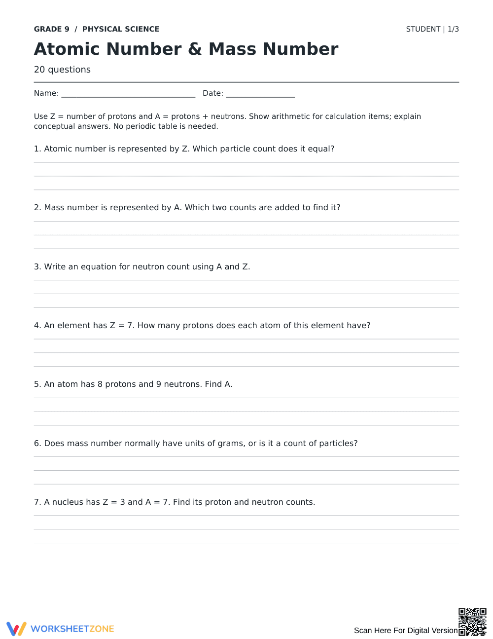 Atomic & Mass Number Printable | Grade 9 Science - Page 1