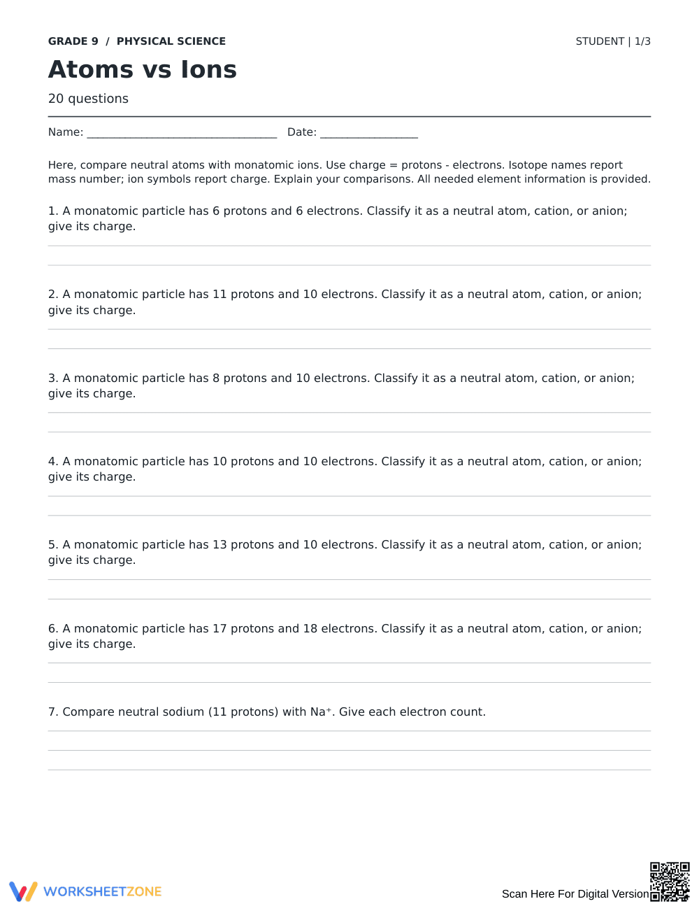 Atoms vs Ions Worksheet | Grade 9 Science Ready - Page 1