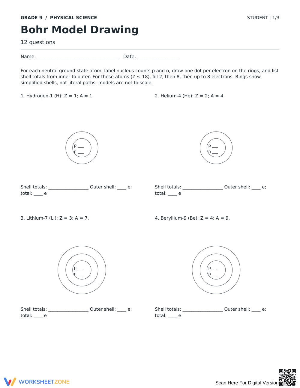 Bohr Model Drawing Worksheet | Grade 9 Printable - Page 1