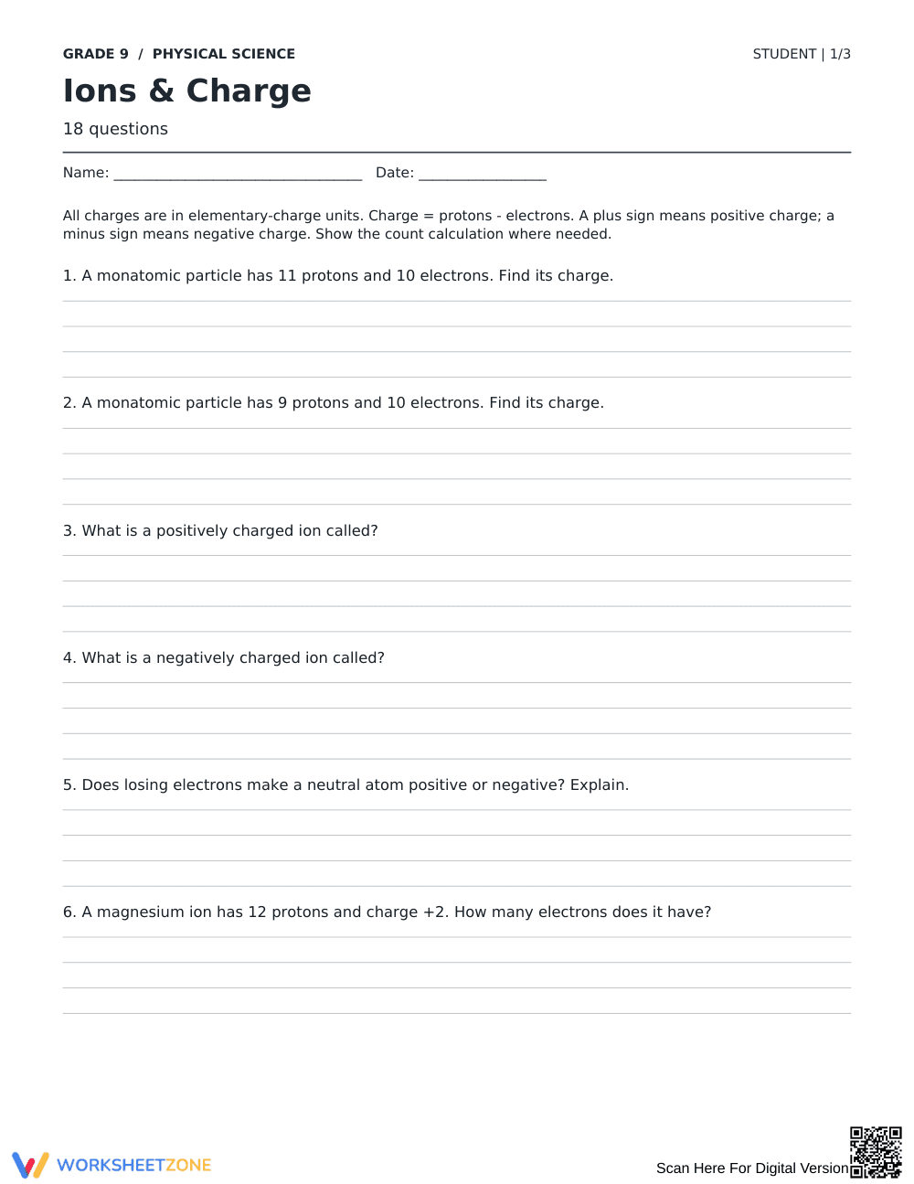 Ions and Charge Worksheet | Grade 9 Printable Science - Page 1