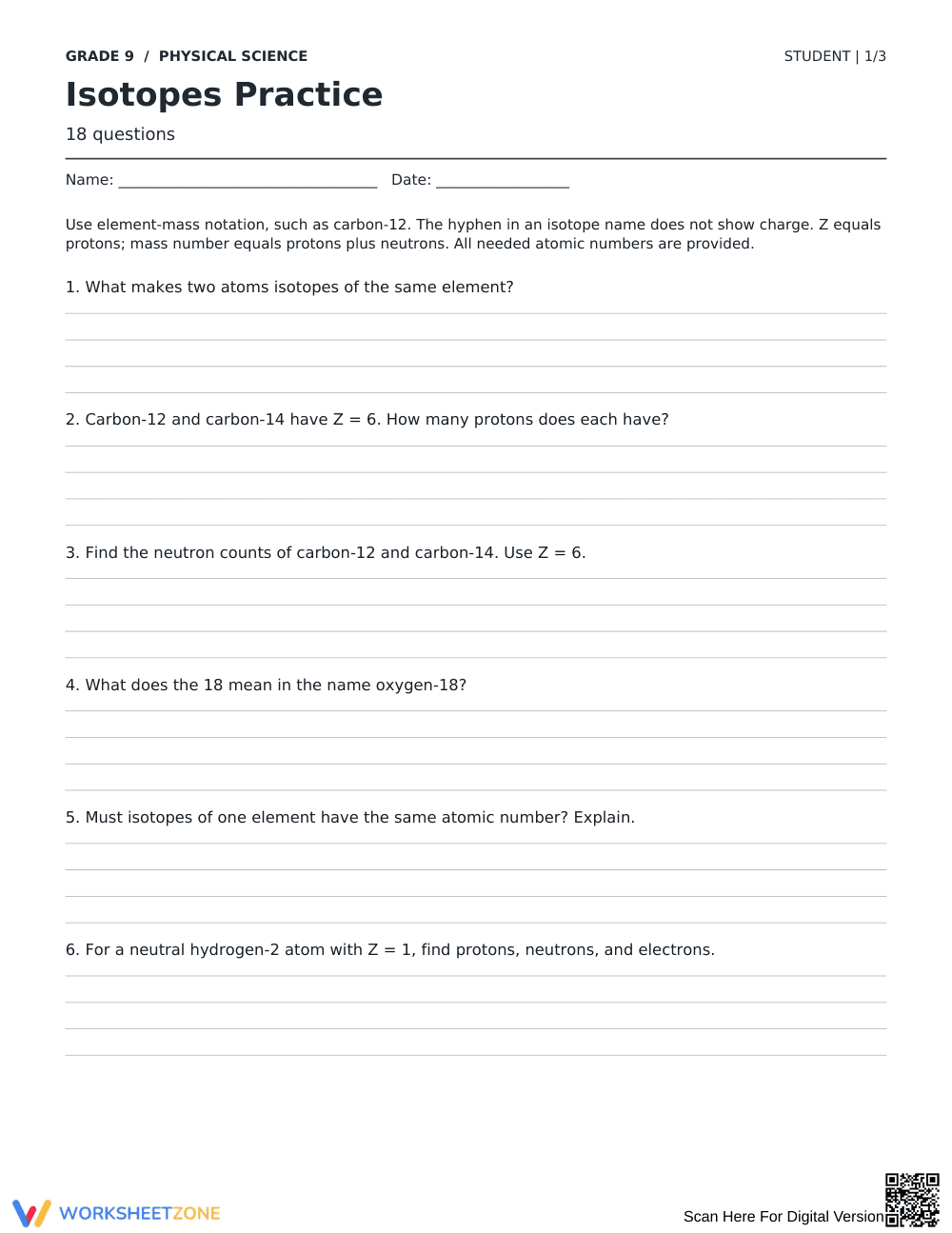 Isotopes Practice Worksheet | Grade 9 Science Essential - Page 1